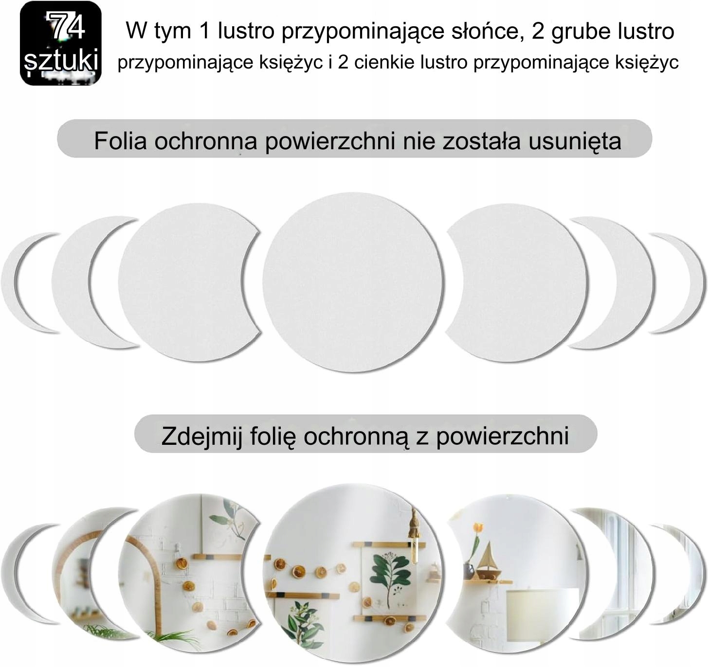 Naklejki Na Ścianę Lustrzane Samoprzylepne Srebrne Lustro Fazy Księżyca x7 - obrazek 2