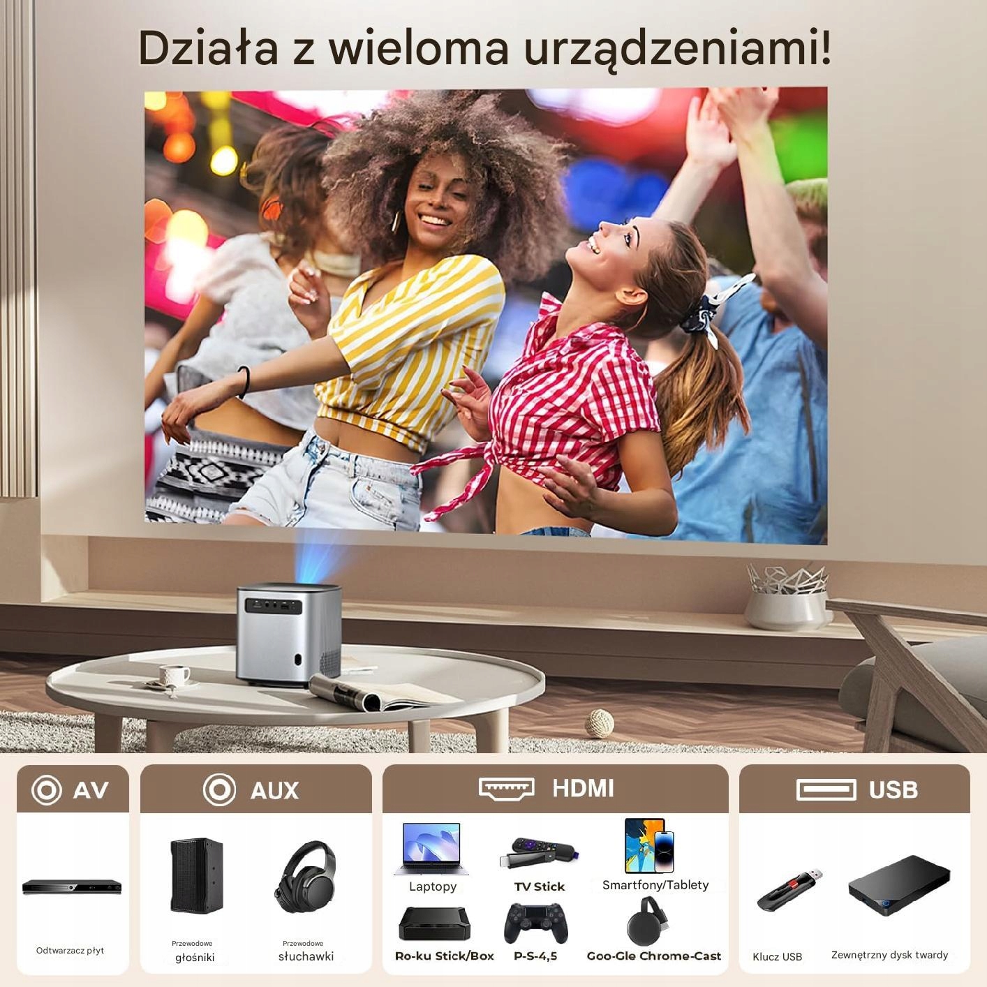 Projektor YUZINO AK-26 RZUTNIK 1080P FHD 4000lm 16:9 GŁOŚNIKI BLUETOOTH 5G - obrazek 3