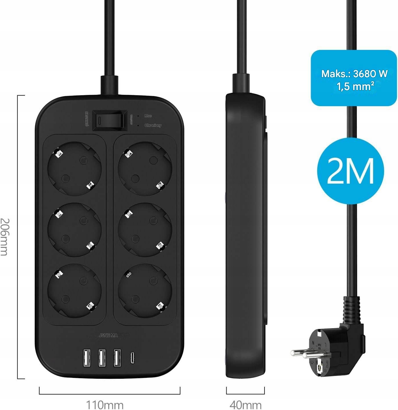 PRZEDŁUŻACZ LISTWA ANTYPRZEPIĘCIOWA ZASILAJĄCA USB JSVER SZYBKIE ŁADOWANIE - obrazek 2