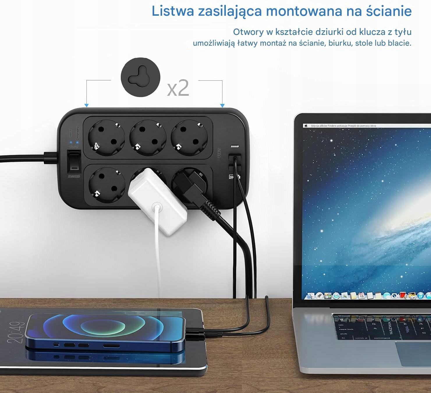 PRZEDŁUŻACZ LISTWA ANTYPRZEPIĘCIOWA ZASILAJĄCA USB JSVER SZYBKIE ŁADOWANIE - obrazek 3