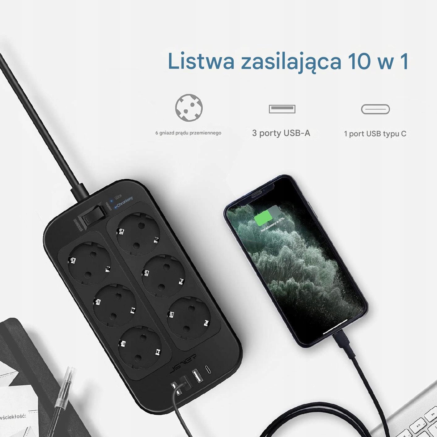 PRZEDŁUŻACZ LISTWA ANTYPRZEPIĘCIOWA ZASILAJĄCA USB JSVER SZYBKIE ŁADOWANIE - obrazek 4