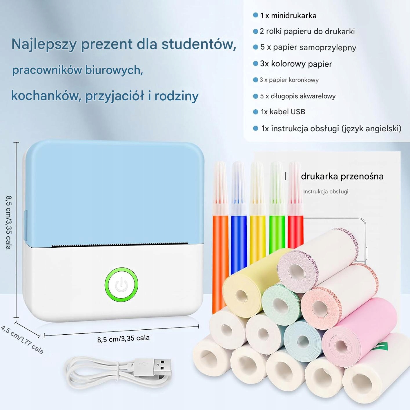 MINI DRUKARKA TERMICZNA PRZENOŚNA USB 13 ROLEK + MAZAKI NIEBIESKI - obrazek 2