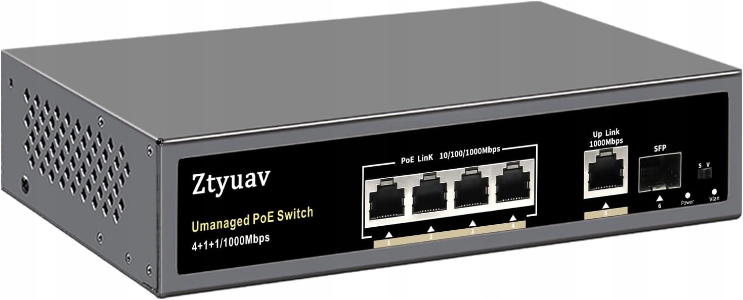 Przełącznik 6-portowy PoE Ztyuav Full Gigabit 75W VLAN SFP 6kV zabezpiecz.