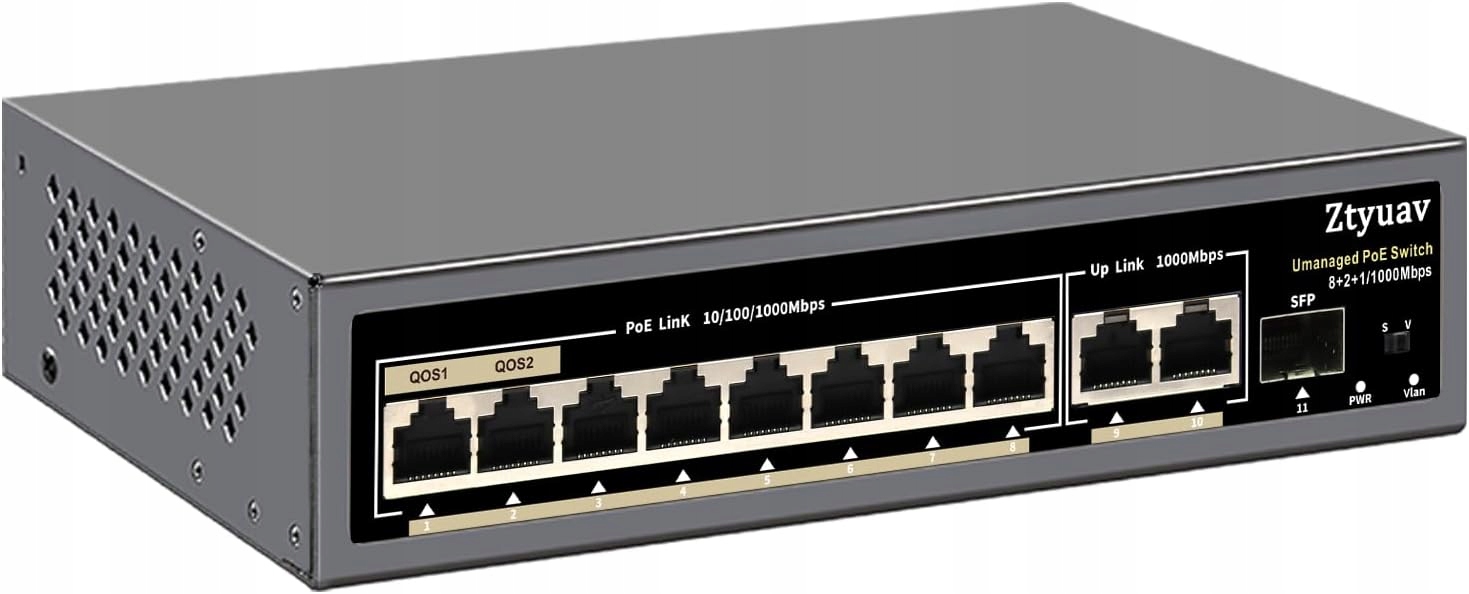 Przełącznik 11-portowy PoE Ztyuav Gigabit 120W VLAN SFP QoS 6kV Ochrona