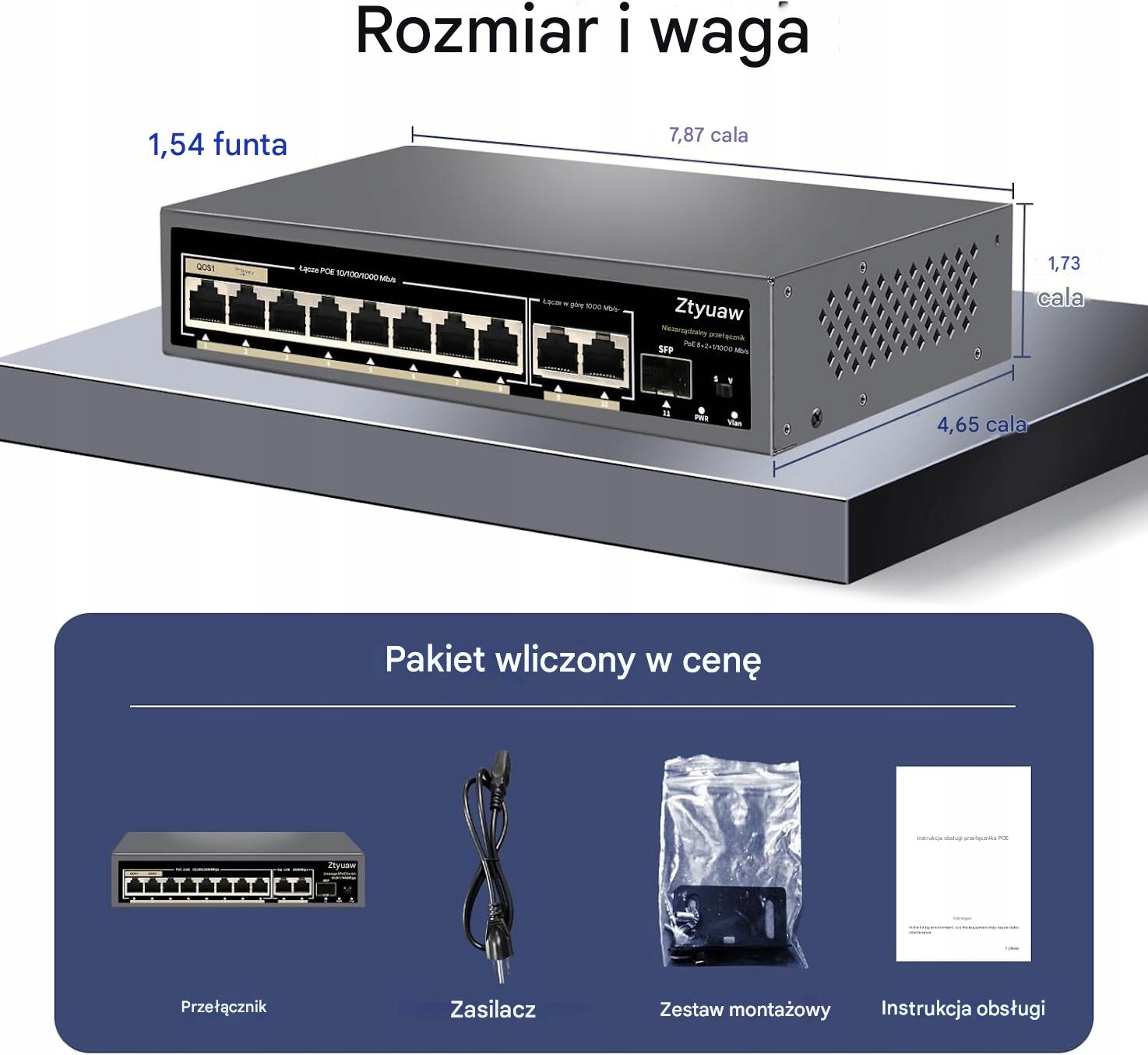 Przełącznik 11-portowy PoE Ztyuav Gigabit 120W VLAN SFP QoS 6kV Ochrona - obrazek 2
