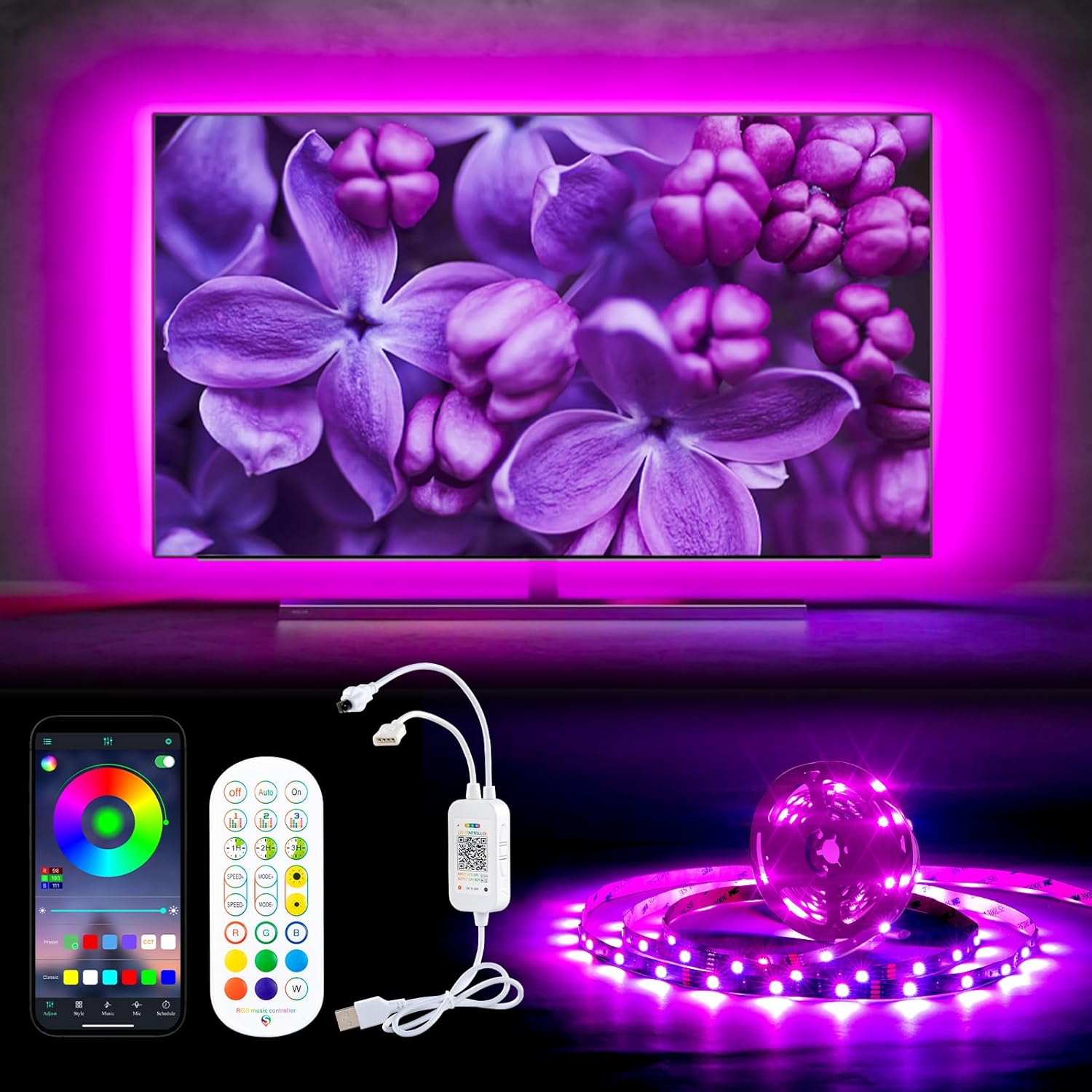 Taśma LED RGB listwa świetlna 5 m do TV 65–85 cali z aplikacją i pilotem - obrazek 2