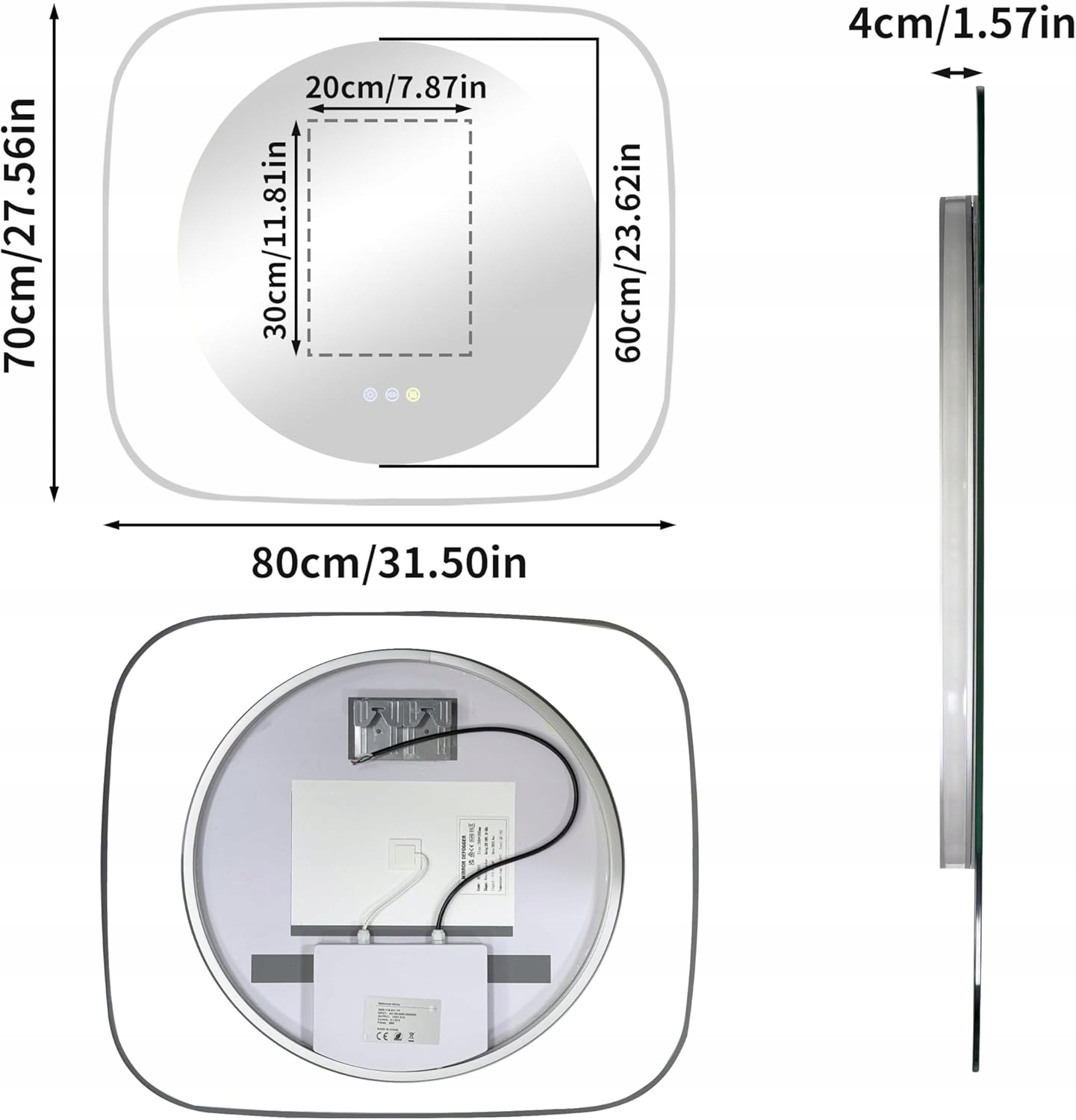 LUSTRO ŁAZIENKOWE LED 60 PODŚWIETLANE ANTI FOG DOTYKOWE 3 BARWY 80 x 70 - obrazek 4