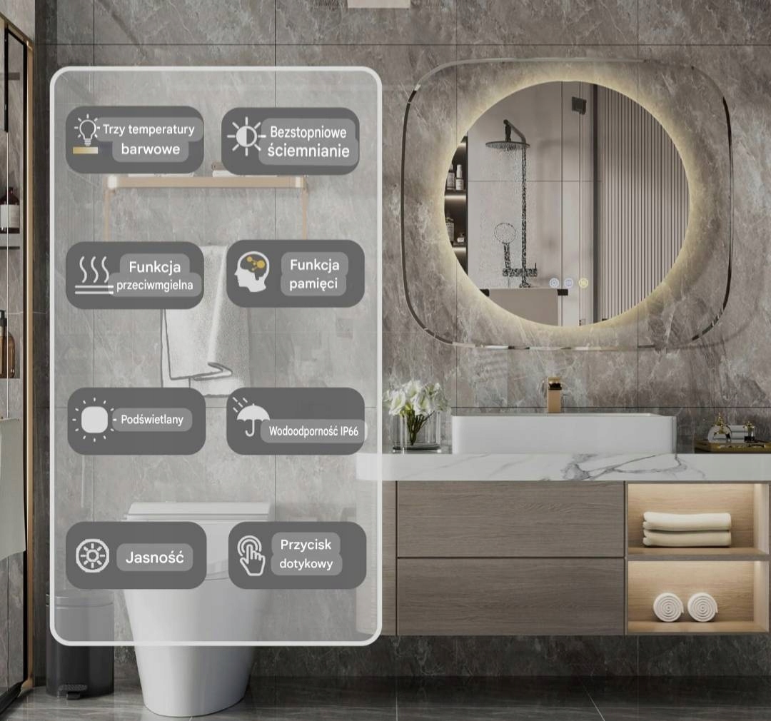 LUSTRO ŁAZIENKOWE LED 60 PODŚWIETLANE ANTI FOG DOTYKOWE 3 BARWY 80 x 70 - obrazek 8