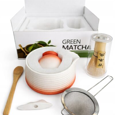 DUŻY ZESTAW MATCHA CHASHAKU CHASEN SITKO 7 EL PREZENT biało czerwony