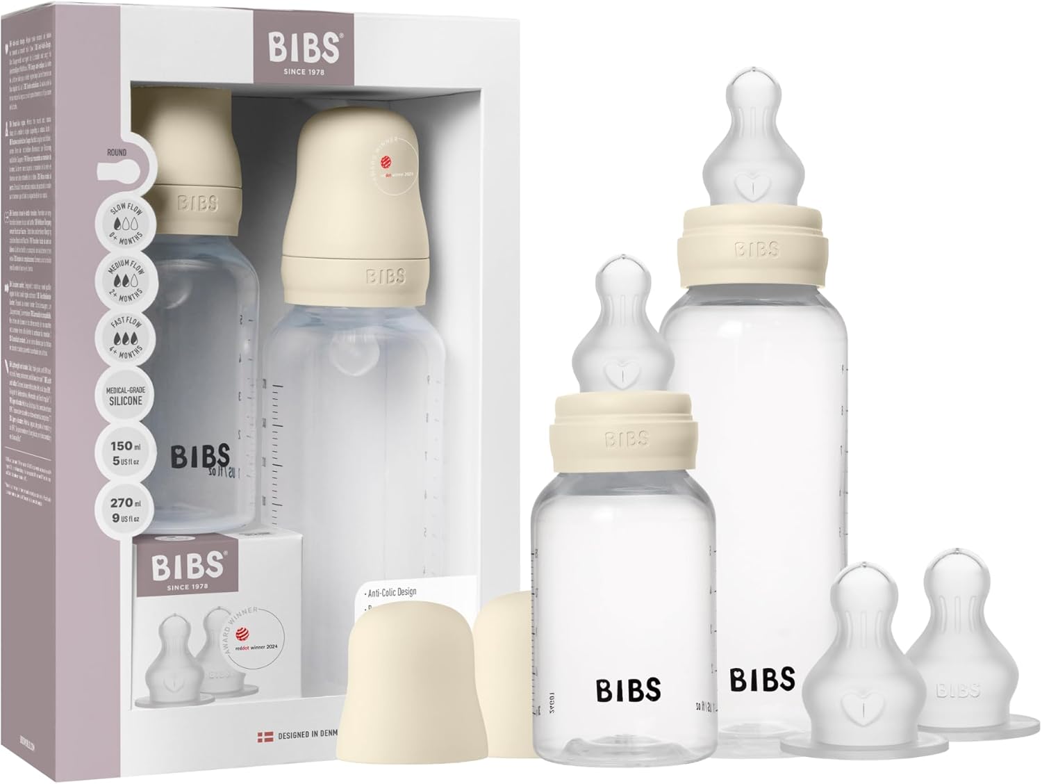 BIBS Antykolkowe butelki zestaw 2 sztuki 4 smoczki beżowy Nie zawiera BPA