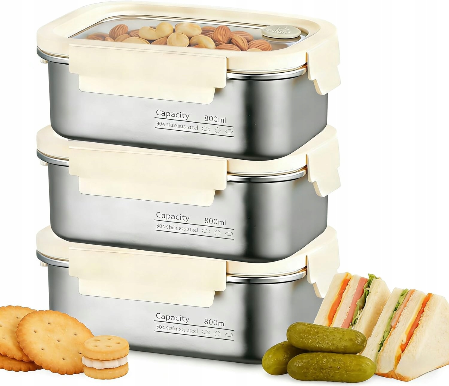 Lunch Box 3x 800ml Pojemniki na żywność Hermetyczne pudełka stal nierdzewna