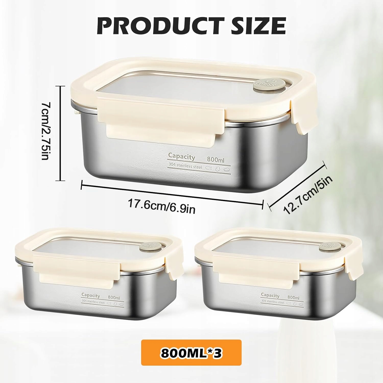 Lunch Box 3x 800ml Pojemniki na żywność Hermetyczne pudełka stal nierdzewna - obrazek 2