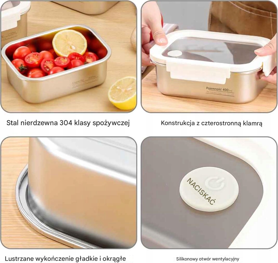Lunch Box 3x 800ml Pojemniki na żywność Hermetyczne pudełka stal nierdzewna - obrazek 4