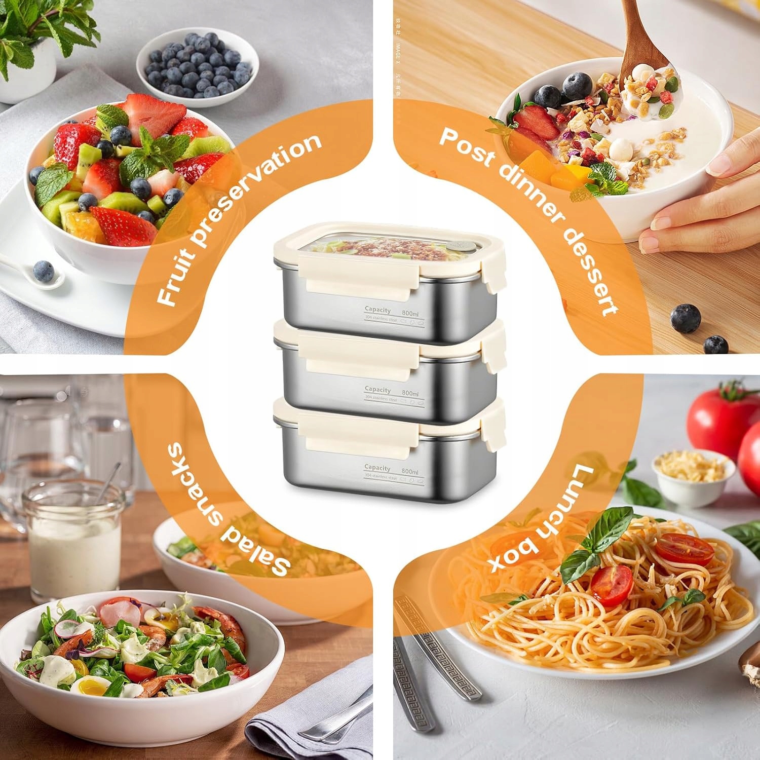 Lunch Box 3x 800ml Pojemniki na żywność Hermetyczne pudełka stal nierdzewna - obrazek 5