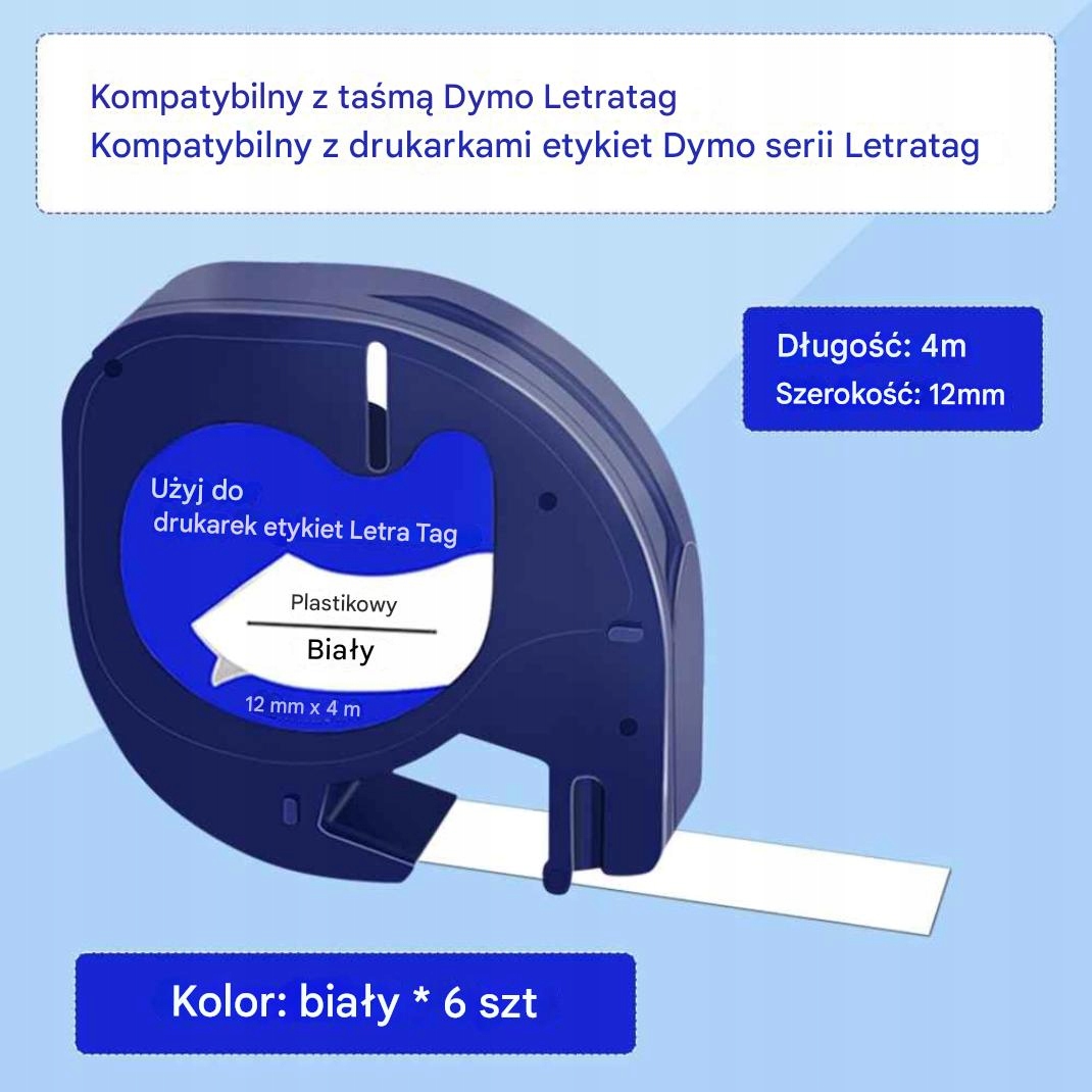 Zestaw 6x taśma do etykiet kompatybilna z DYMO LetraTag 12mm x 4m – biała - obrazek 2