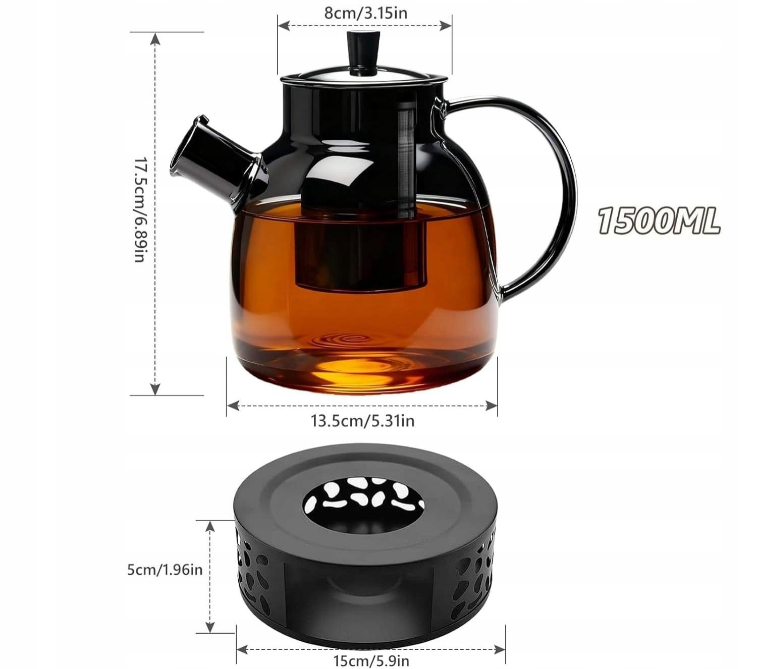 Zaparzacz do herbaty z podgrzewaczem Dzbanek DUŻY 1,5l 1500 ml - obrazek 2