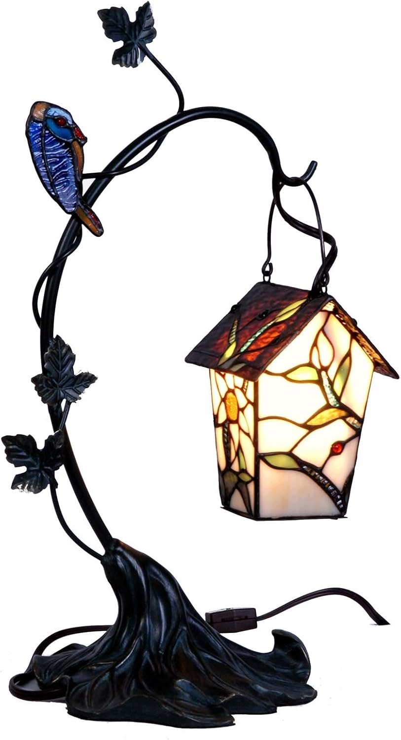 Lampa stołowa Tiffany Bieye L30617 Witrażowa lampka Domek dla ptaków 53 cm