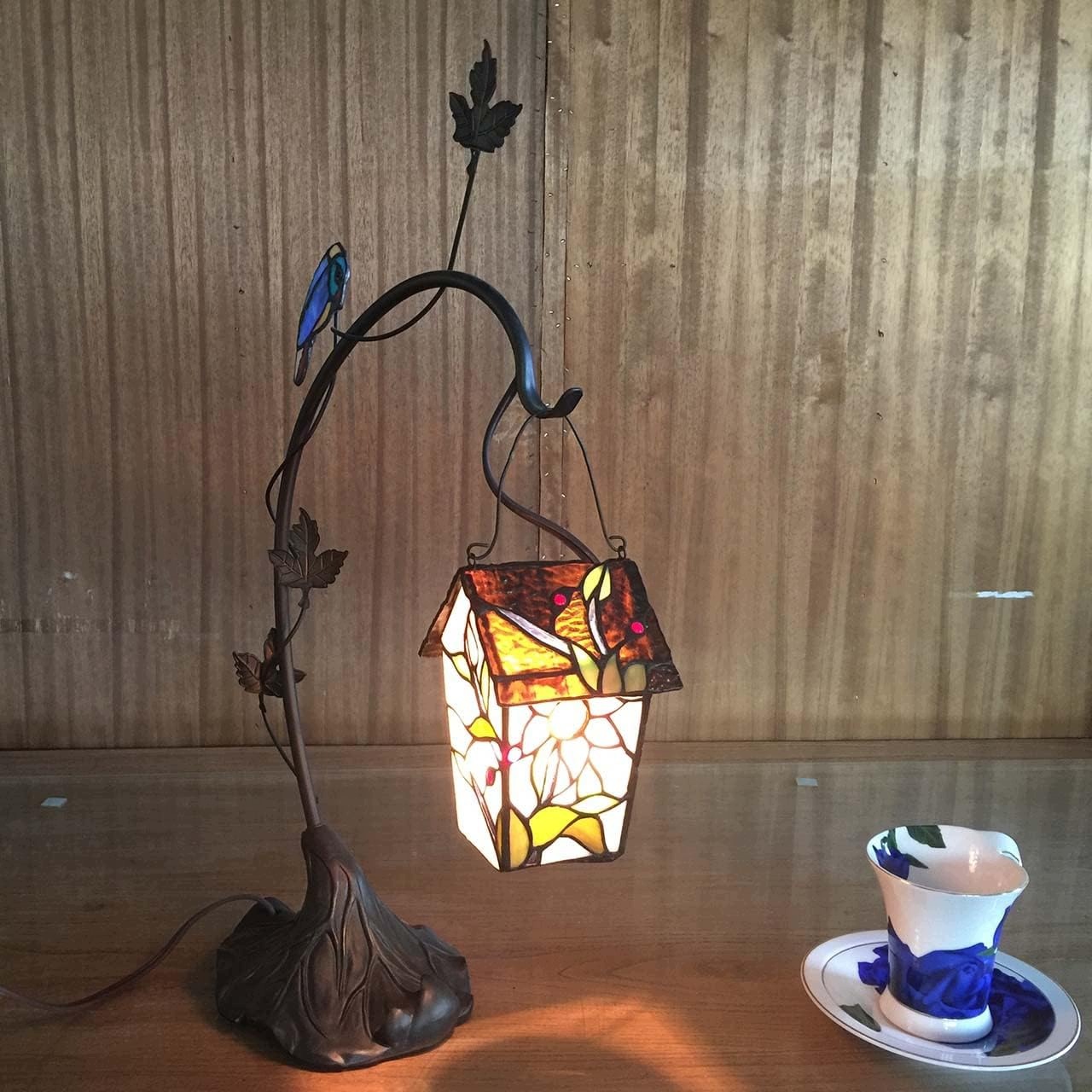 Lampa stołowa Tiffany Bieye L30617 Witrażowa lampka Domek dla ptaków 53 cm - obrazek 2