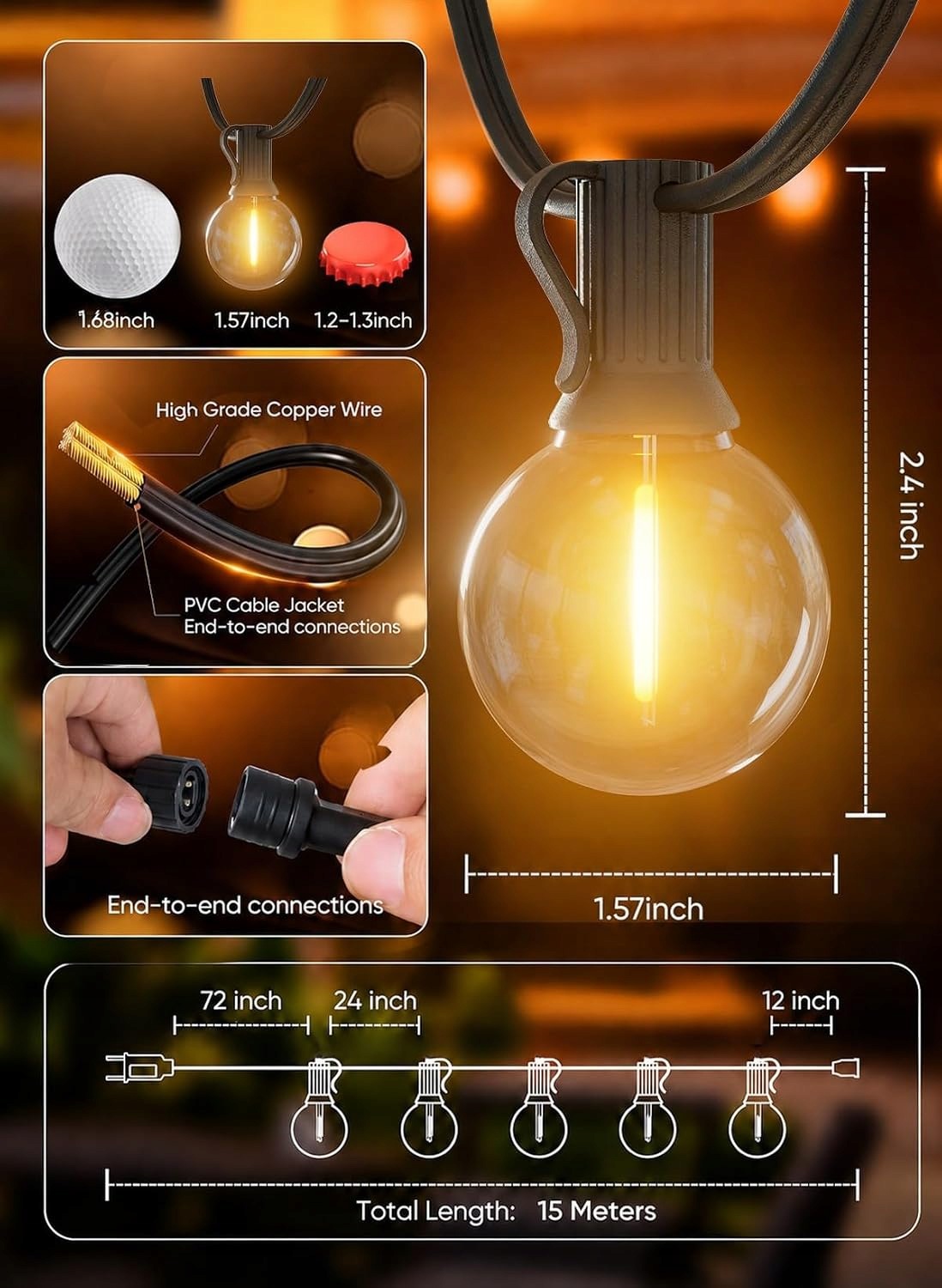 GIRLANDA ŚWIETLNA OGRODOWA 15m 50LED Lampki Ogrodowe Zewnętrzna Prąd IP44 - obrazek 4
