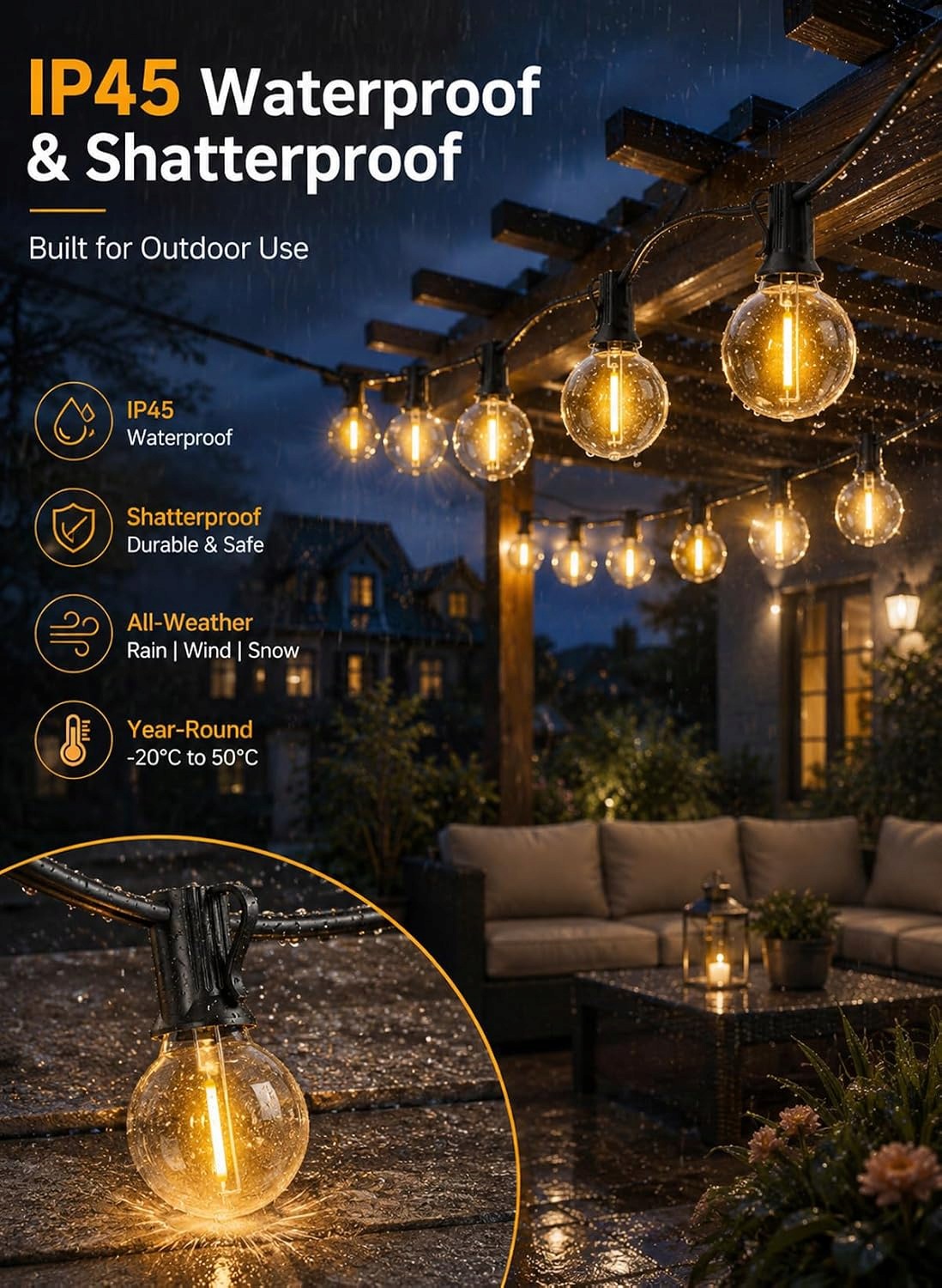 GIRLANDA ŚWIETLNA OGRODOWA 15m 50LED Lampki Ogrodowe Zewnętrzna Prąd IP44 - obrazek 5