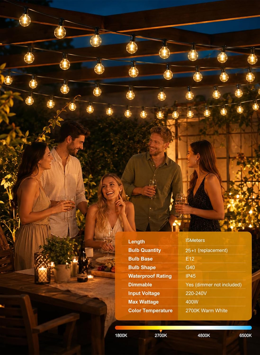 GIRLANDA ŚWIETLNA OGRODOWA 15m 50LED Lampki Ogrodowe Zewnętrzna Prąd IP44 - obrazek 6