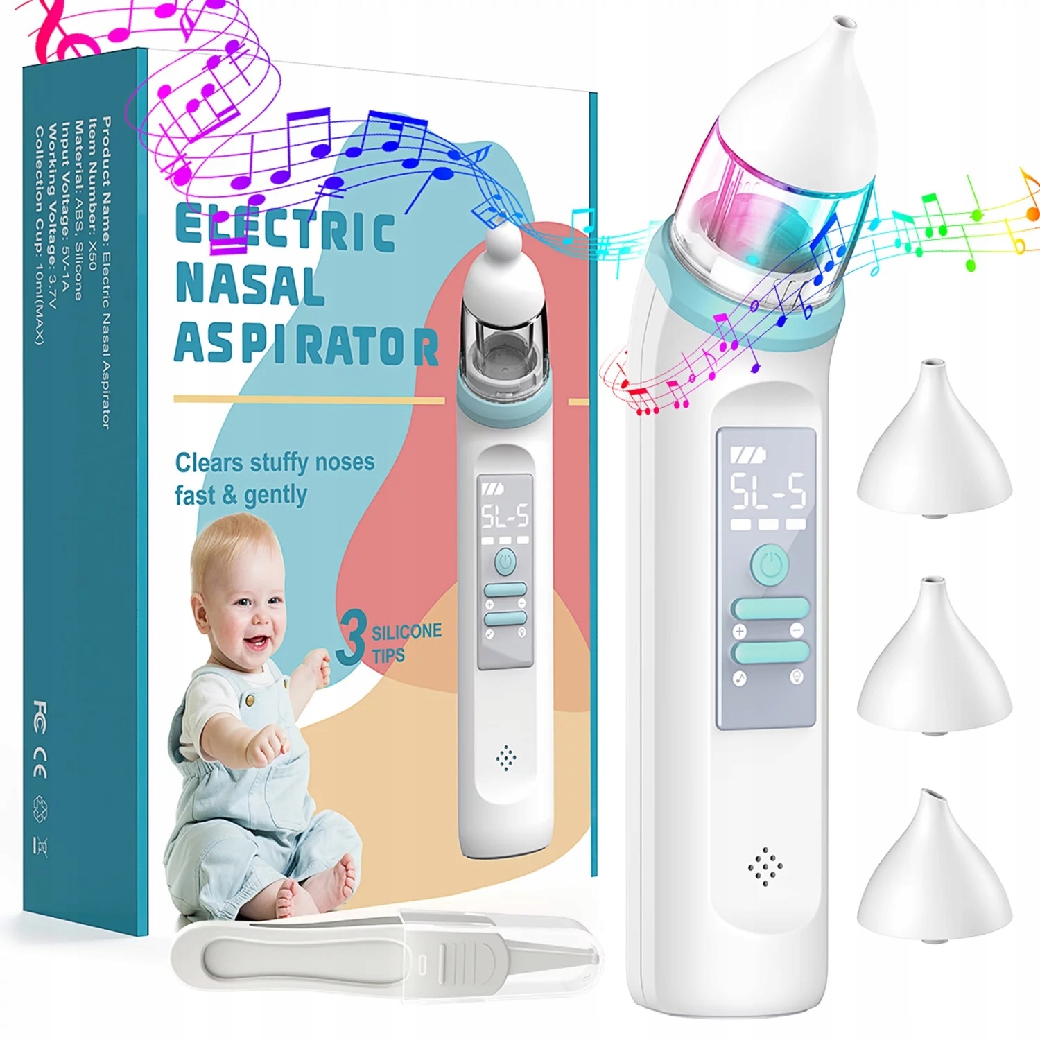 Aspirator Elektryczny do Nosa 5 Poziomów USB-C 3 Końcówki Muzyka Światło - obrazek 2