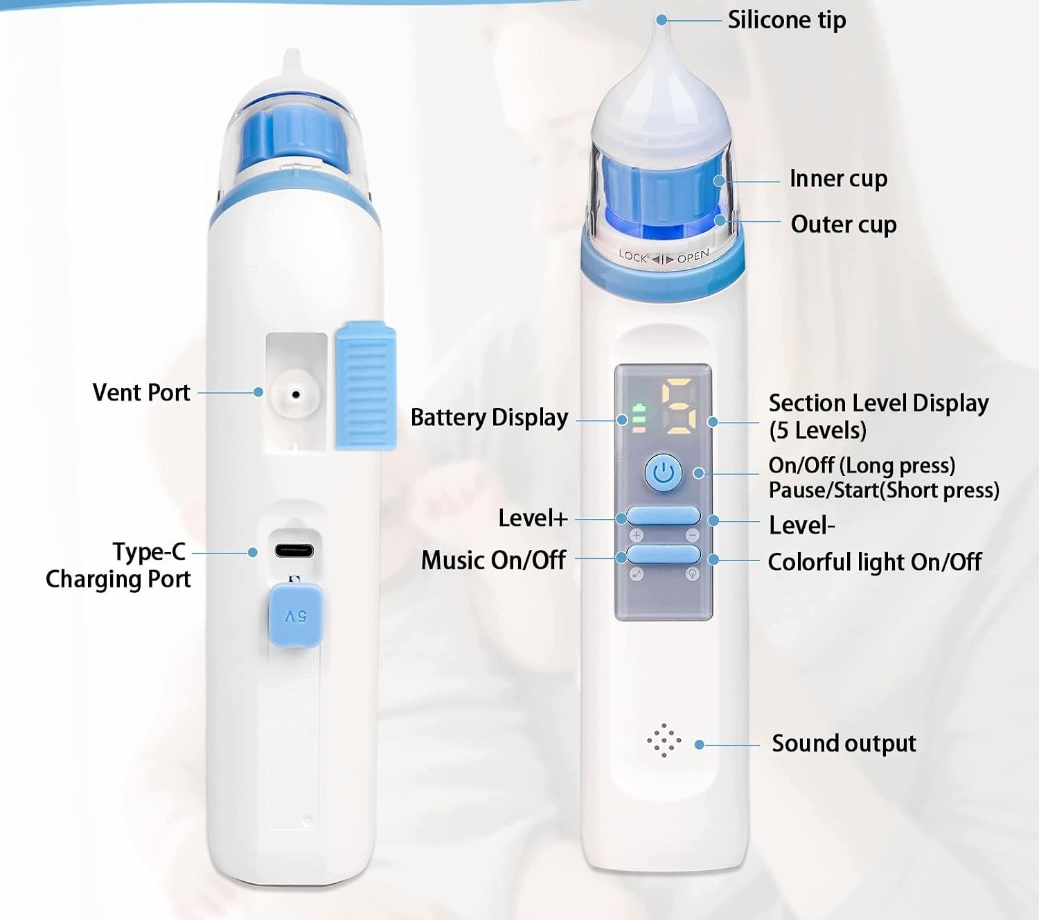 Aspirator Elektryczny do Nosa 5 Poziomów USB-C 3 Końcówki Muzyka Światło - obrazek 8