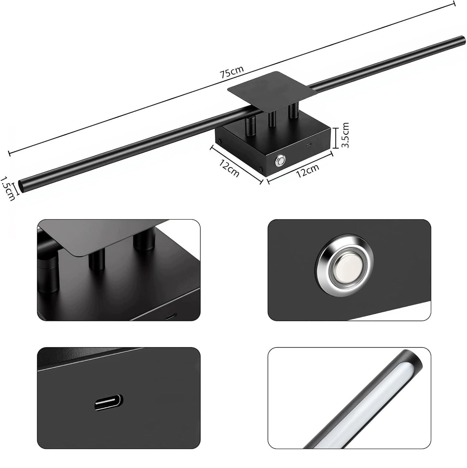 2x Bezprzewodowa Lampa Ścienna LED 70 cm Pilot 3 Barwy 10000 mAh Czarne - obrazek 2