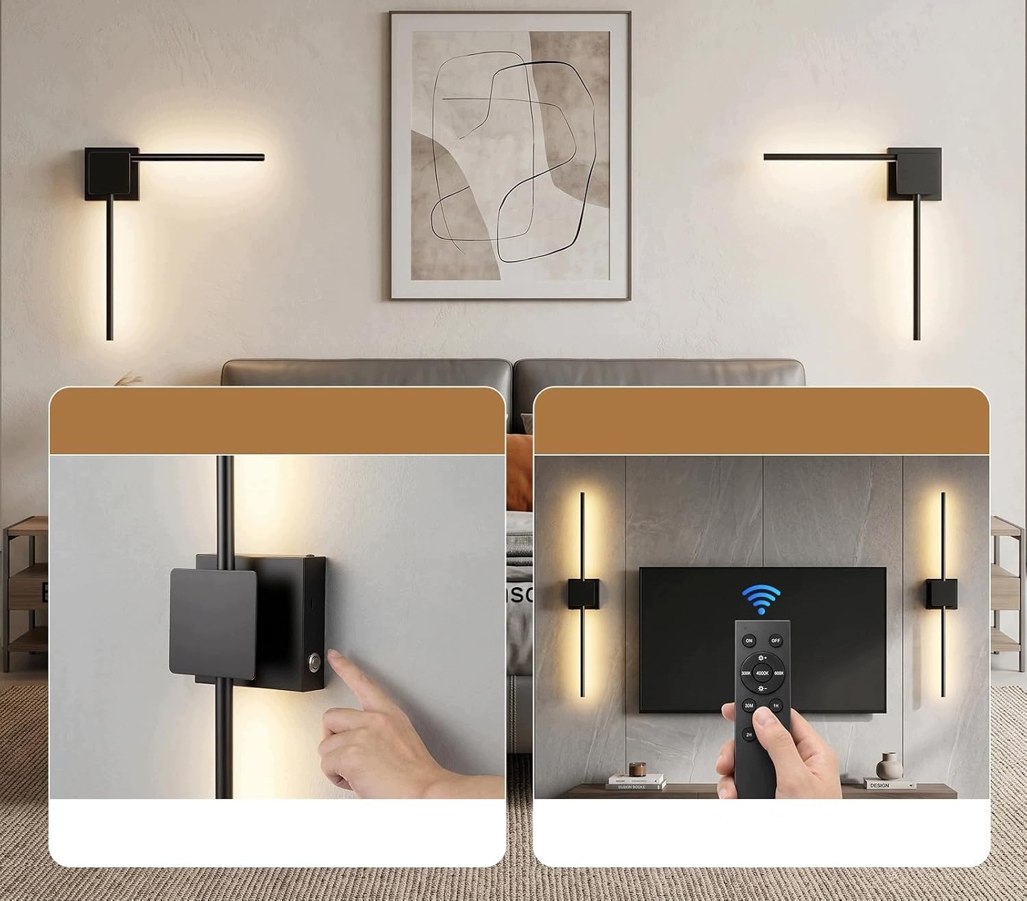 2x Bezprzewodowa Lampa Ścienna LED 70 cm Pilot 3 Barwy 10000 mAh Czarne - obrazek 3