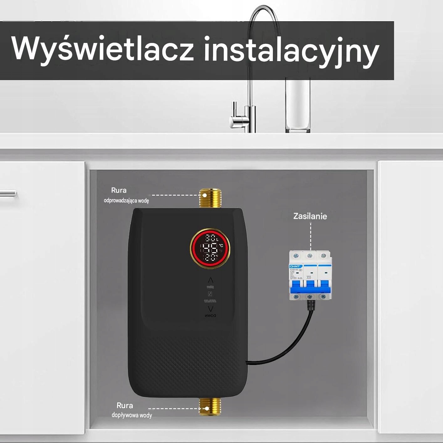 Podgrzewacz wody przepływowy bez zbiornika 5500W 220V pod zlew LCD + PILOT - obrazek 2