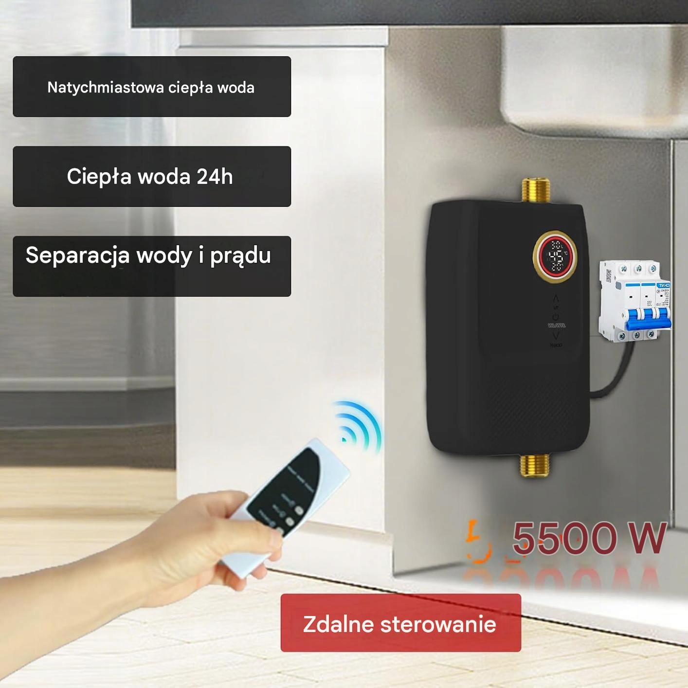 Podgrzewacz wody przepływowy bez zbiornika 5500W 220V pod zlew LCD + PILOT - obrazek 3
