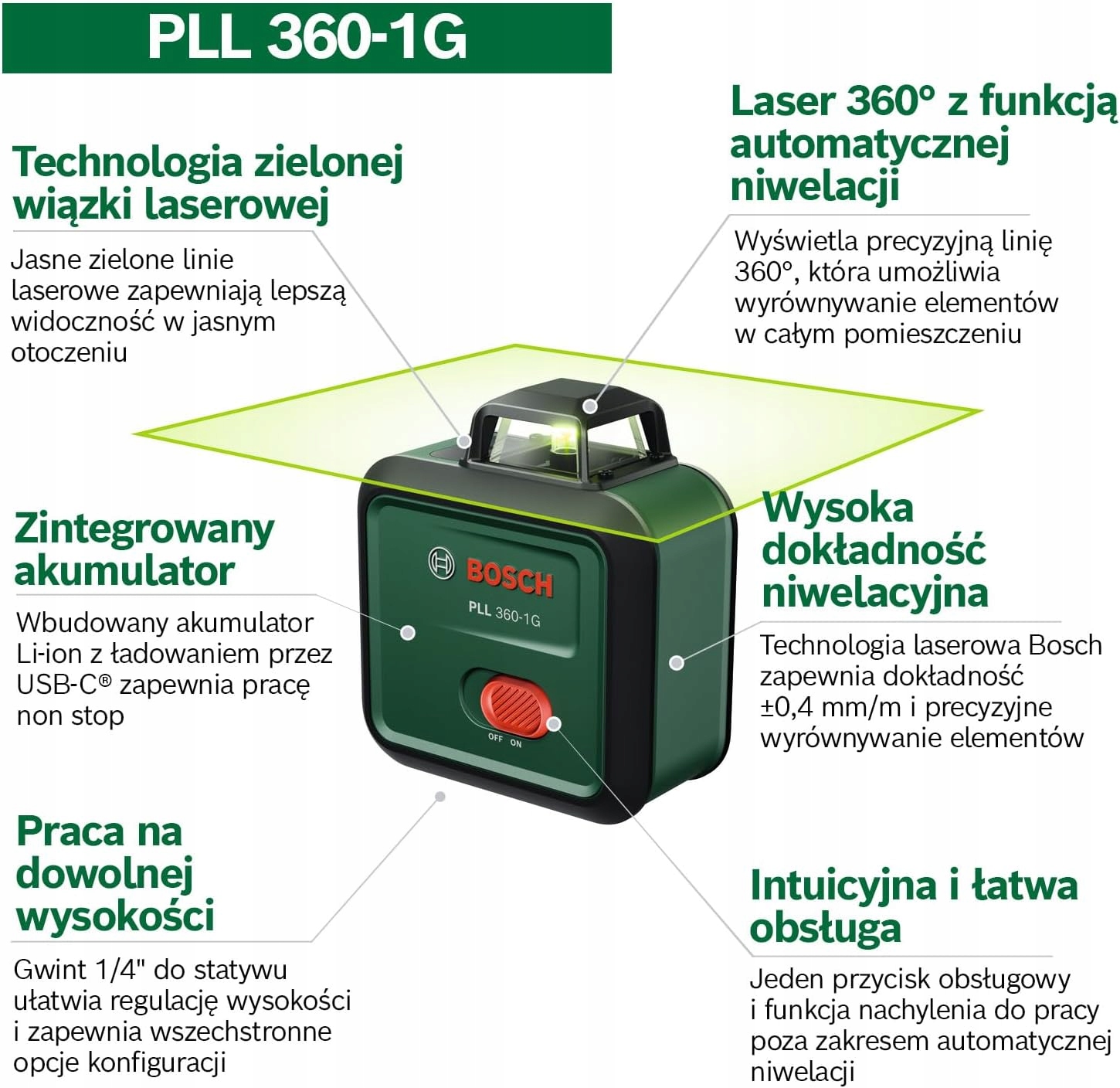 Bosch PLL 360-1G Laser płaszczyznowy 360° Zielony USB-C Akumulator - obrazek 4