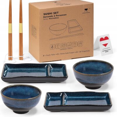 ZESTAW DO SUSHI MISAKI NAVY BLUE 2 TALERZE 2 MISECZKI 2 PARY PAŁECZEK