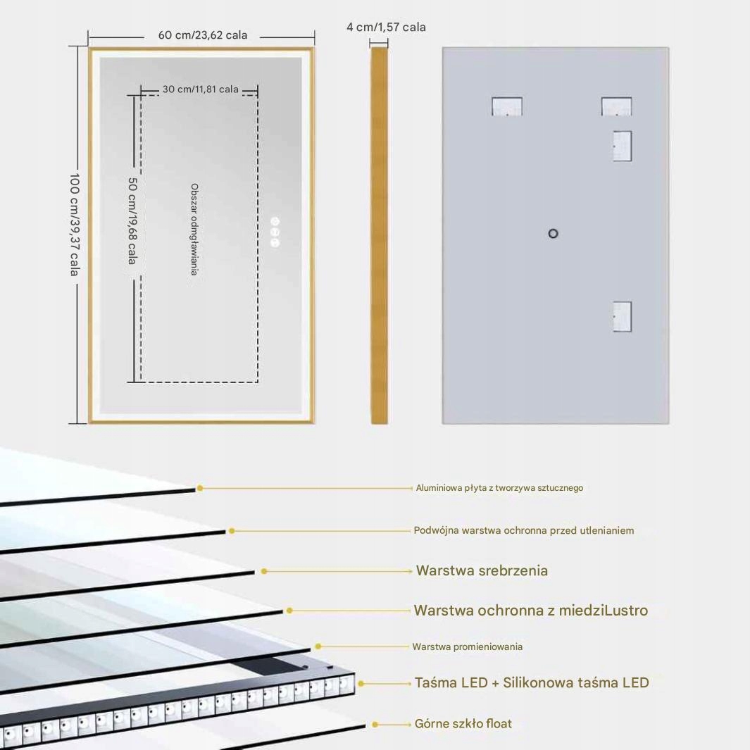 LUSTRO ŁAZIENKOWE LED 100 x 60 PODŚWIETLANE ANTI FOG DOTYKOWE 3 BARWY - obrazek 7