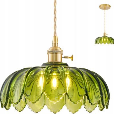 Lampa Wisząca Kwiat Retro z Regulacją Wysokości Szklany Klosz Styl Vintage