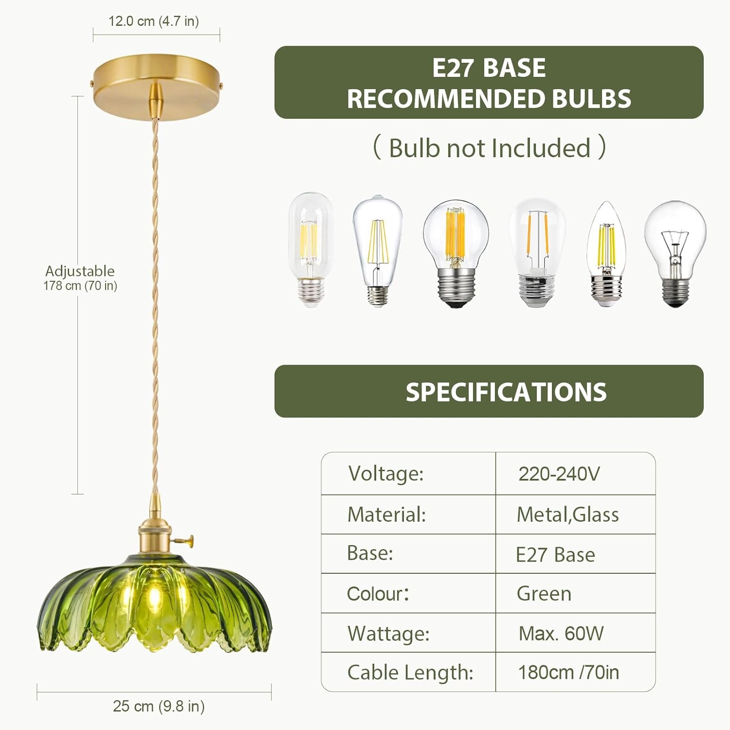 Lampa Wisząca Kwiat Retro z Regulacją Wysokości Szklany Klosz Styl Vintage - obrazek 4