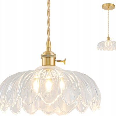 Lampa Wisząca Kwiat Retro z Regulacją Wysokości Szklany Klosz Styl Vintage