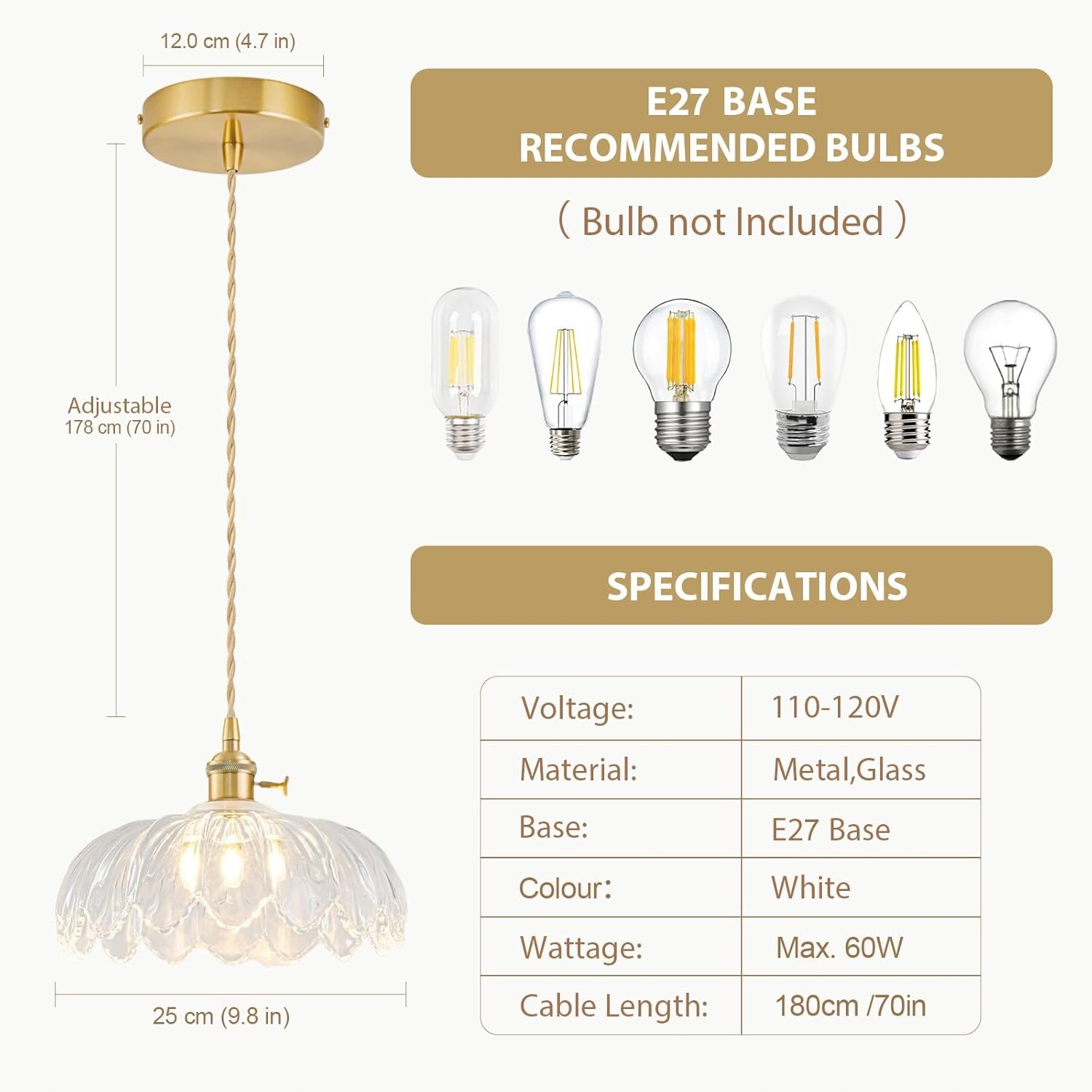 Lampa Wisząca Kwiat Retro z Regulacją Wysokości Szklany Klosz Styl Vintage - obrazek 2