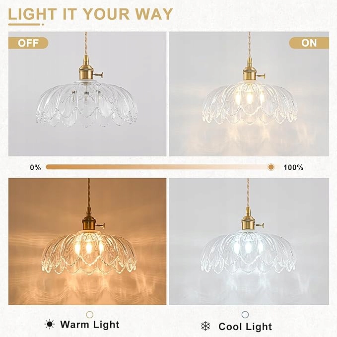Lampa Wisząca Kwiat Retro z Regulacją Wysokości Szklany Klosz Styl Vintage - obrazek 4