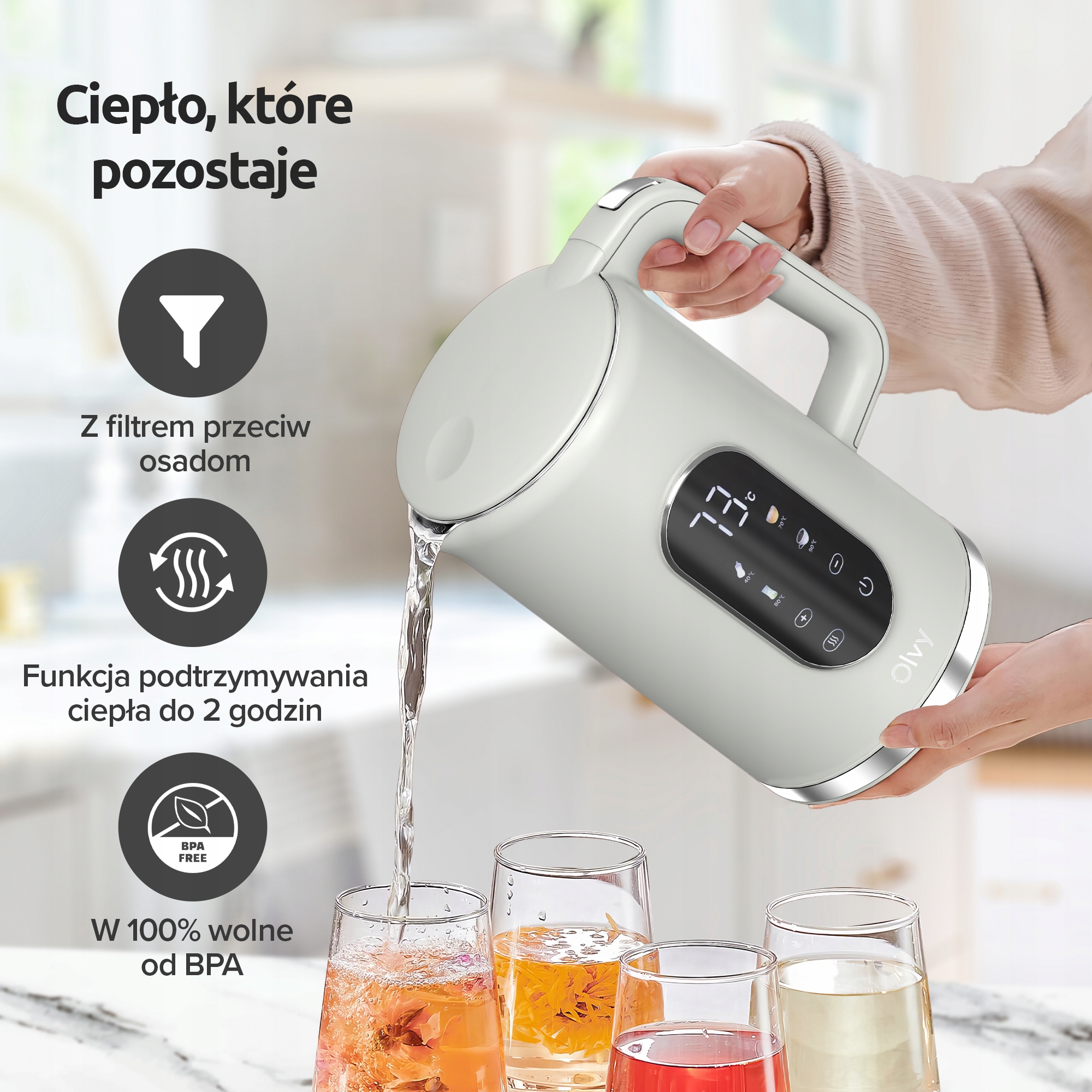 Czajnik elektryczny dotykowy regulacja temperatury Olvy 2200 W 1,7 l beż - obrazek 3